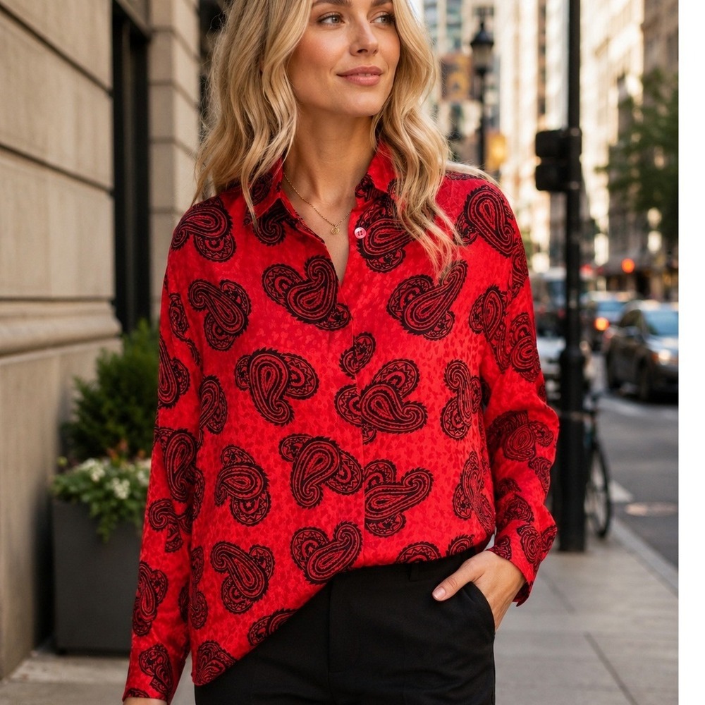 Saks Fifth Avenue Vintage Red Silk Paisley Leopard Jacquard Blouse Top Size 4
